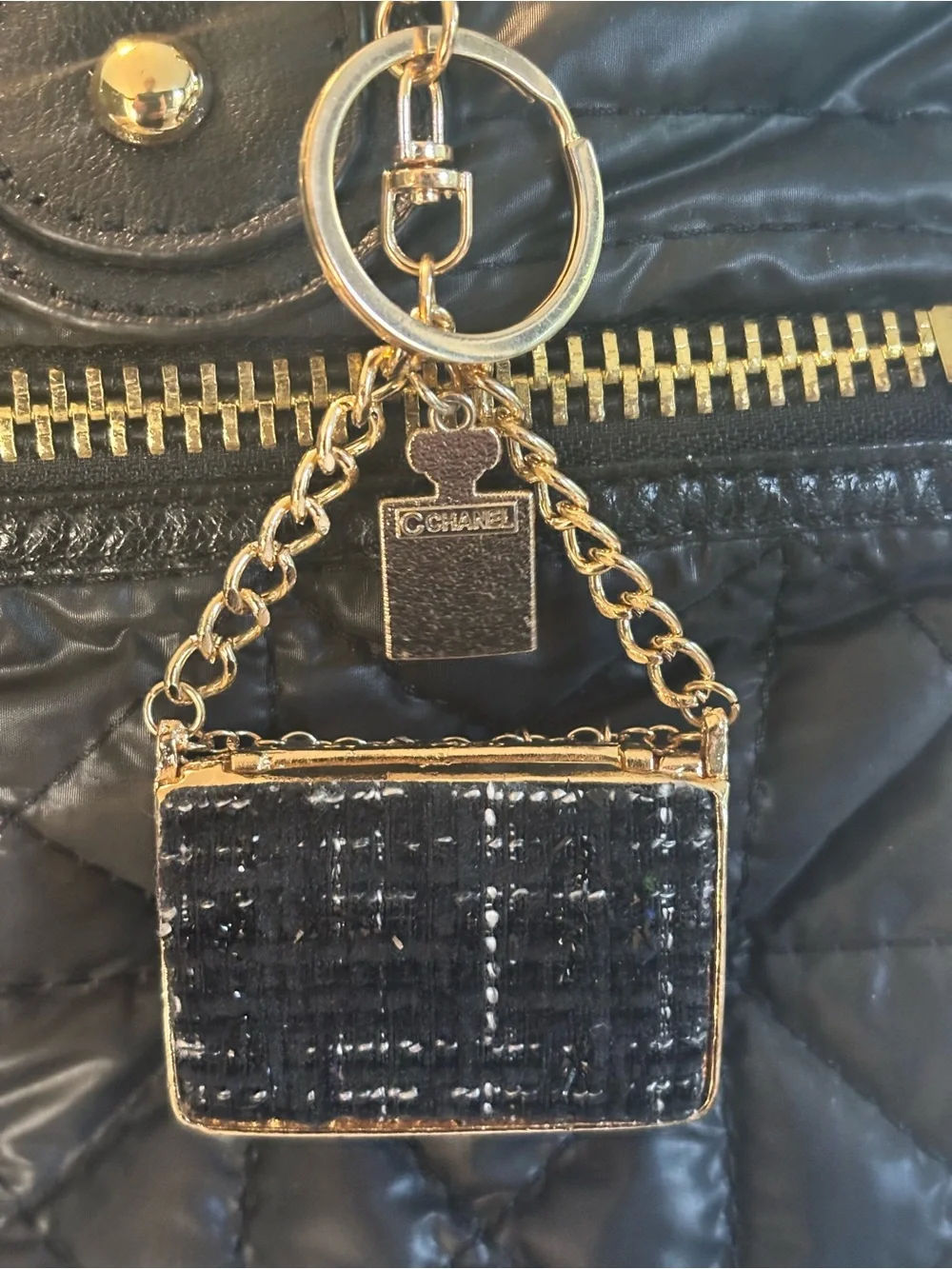 Gold-Tone Black Purse Charm Keychain with Crystal Charms